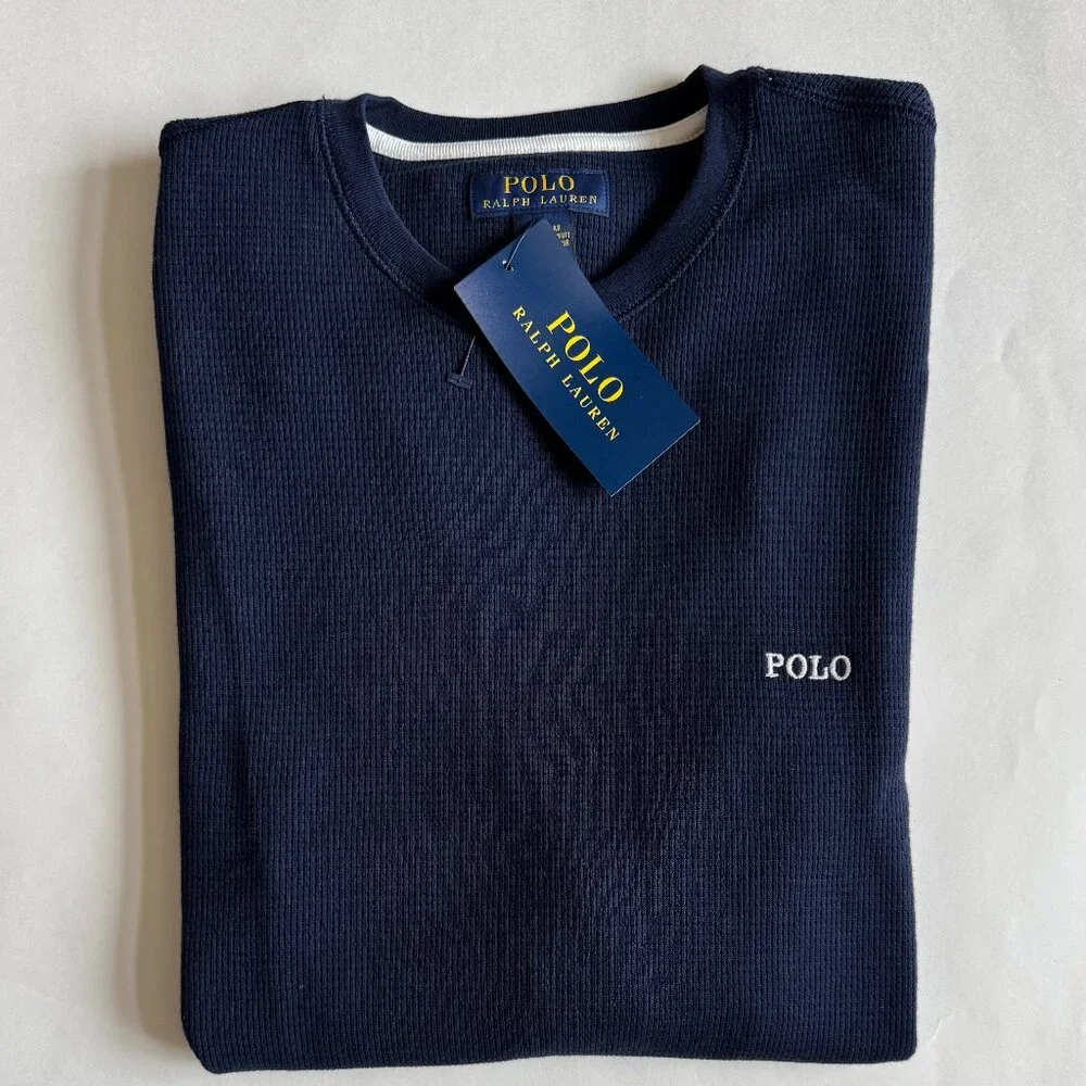 Polo Ralph Lauren Polo Pony Logo Thermal Waffle Knit Long Sleeve Shirt Navy